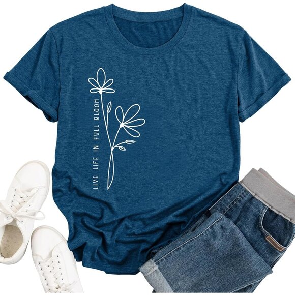 🆕Women Blue Cotton Blend Floral Shirt Summer Flower Inspirational Tee - Picture 2 of 5